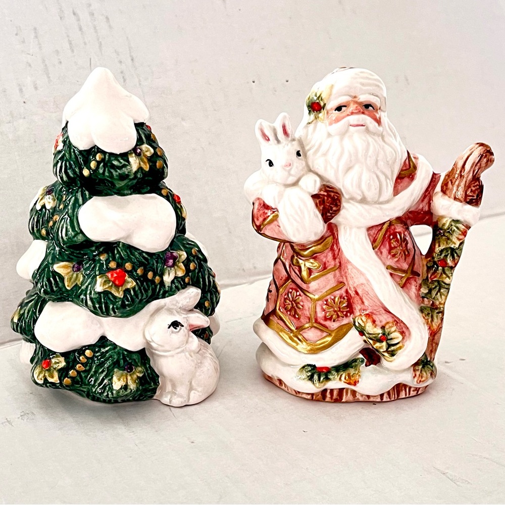 Fitz And Floyd Florentine Holiday Snowy Woods Santa Tree Salt And Pepper Shakers
